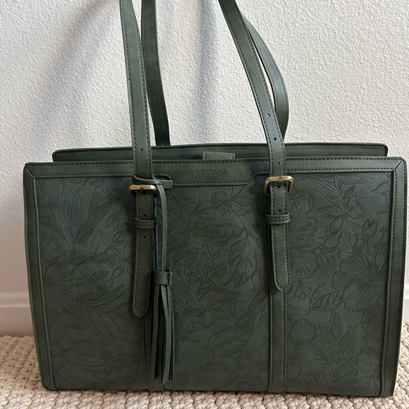 Leather Style Embossed Floral Forest Green Women's Tote Bag - Picture 6 of 15
